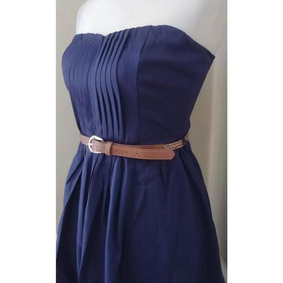 Navy Blue Strapless Pleated Front Belted Dress by Ya Los Angeles from ModCloth - Picture 2 of 7